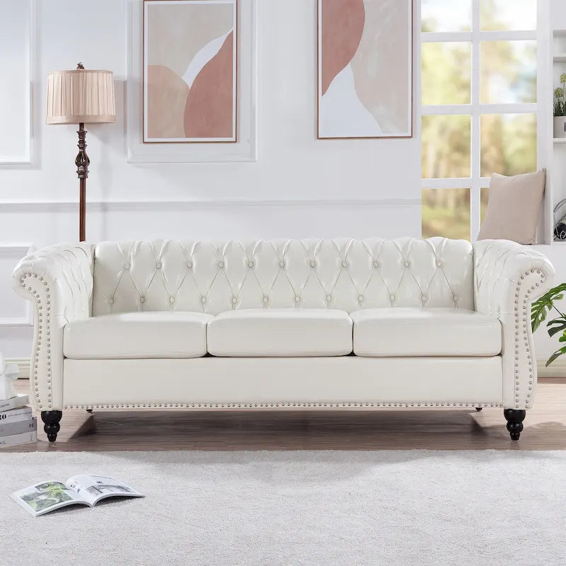 PU Leather 3-Seater Sofa with Button-Tufted Back & Rolled Arms – White, Chesterfield Style, Seats 3