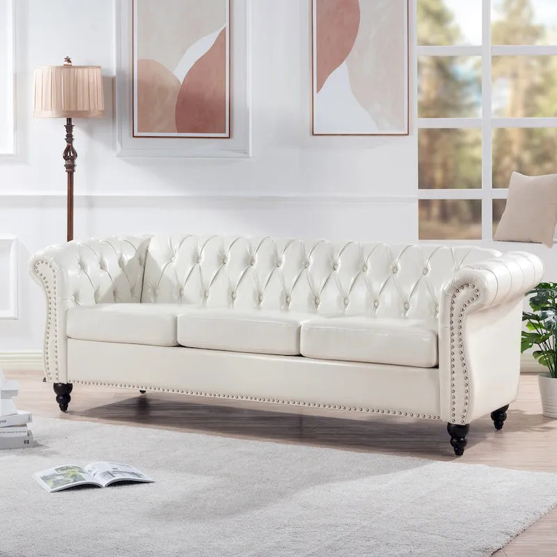 PU Leather 3-Seater Sofa with Button-Tufted Back & Rolled Arms – White, Chesterfield Style, Seats 3