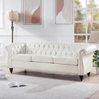 PU Leather 3-Seater Sofa with Button-Tufted Back & Rolled Arms – White, Chesterfield Style, Seats 3