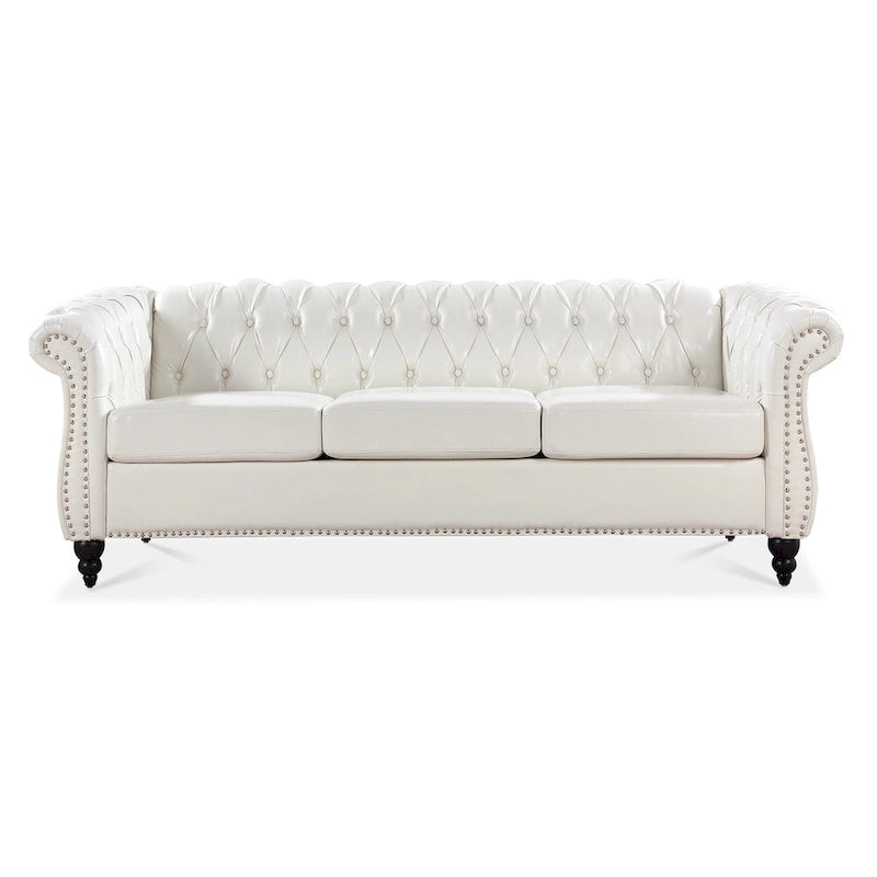 PU Leather 3-Seater Sofa with Button-Tufted Back & Rolled Arms – White, Chesterfield Style, Seats 3