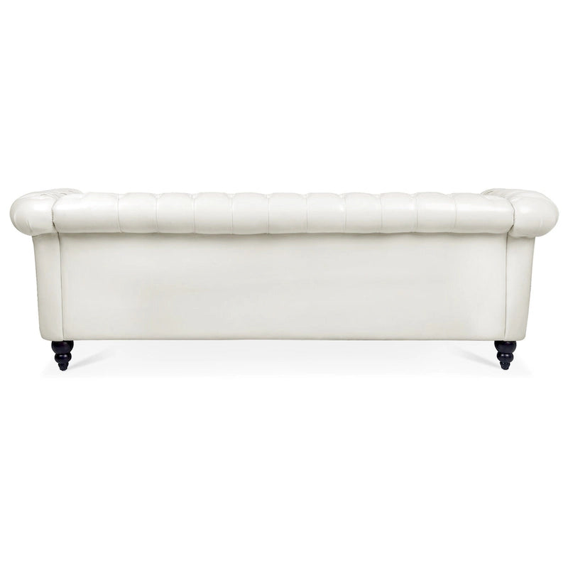 PU Leather 3-Seater Sofa with Button-Tufted Back & Rolled Arms – White, Chesterfield Style, Seats 3