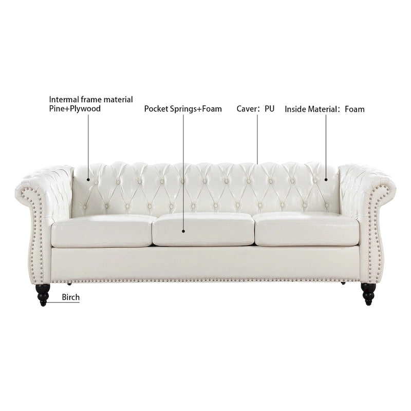 PU Leather 3-Seater Sofa with Button-Tufted Back & Rolled Arms – White, Chesterfield Style, Seats 3