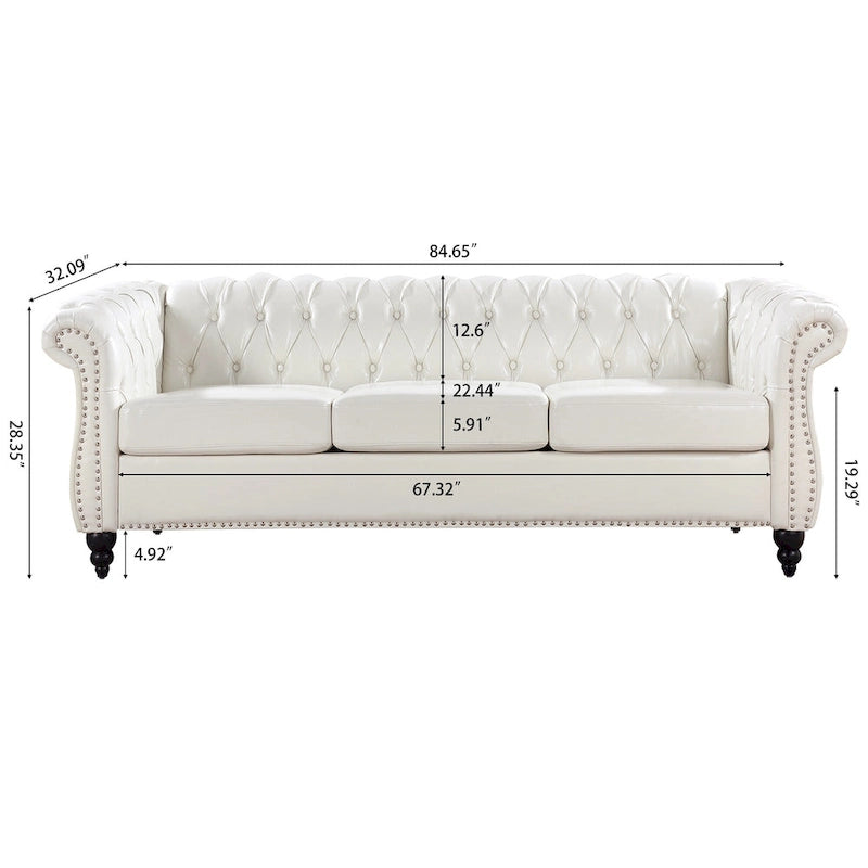 PU Leather 3-Seater Sofa with Button-Tufted Back & Rolled Arms – White, Chesterfield Style, Seats 3