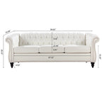 PU Leather 3-Seater Sofa with Button-Tufted Back & Rolled Arms – White, Chesterfield Style, Seats 3