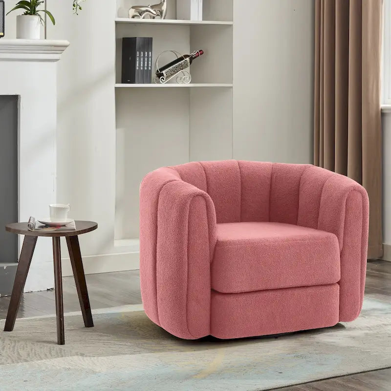 Swivel Barrel Accent Chair – Pink / Green, Teddy Fabric, Single Seat