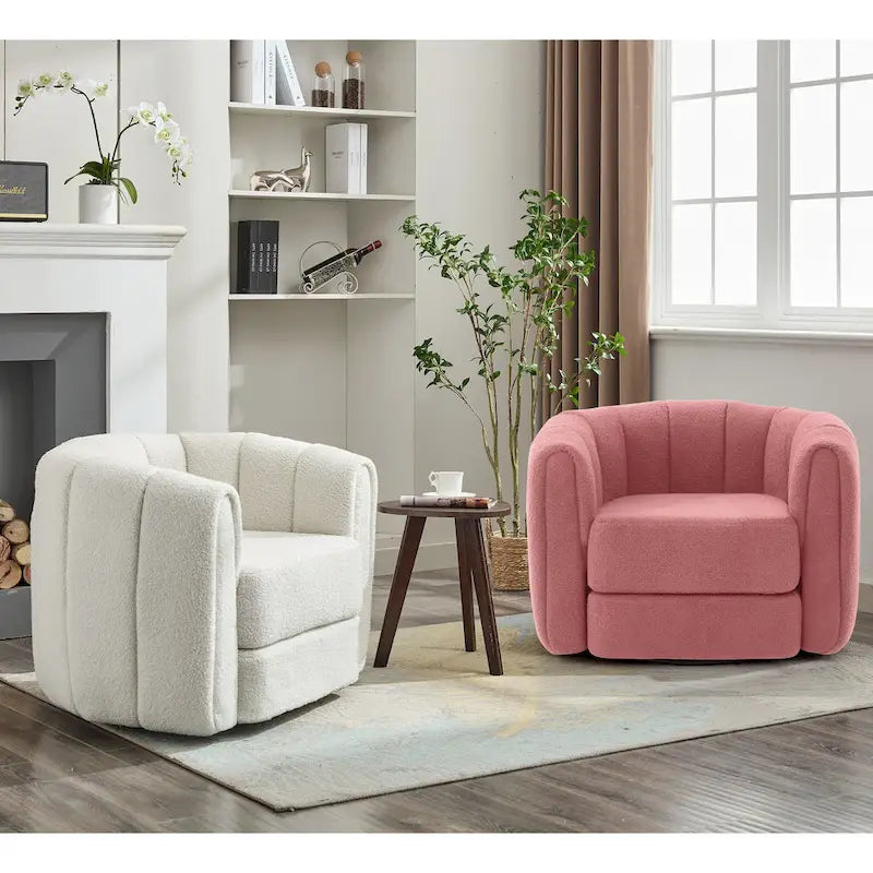 Swivel Barrel Accent Chair – Pink / Green, Teddy Fabric, Single Seat