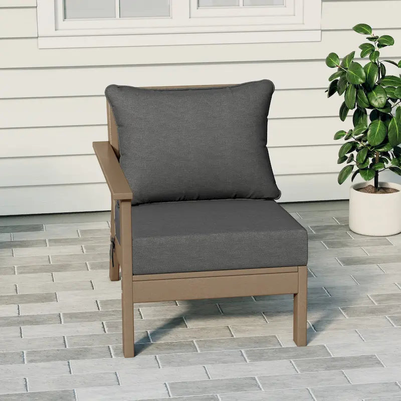 Polytrends Birchwood All Weather HDPE Outdoor Patio Deep Seating Weathered Wood Left Arm Facing Chair With Cushions (2-PC-Set)