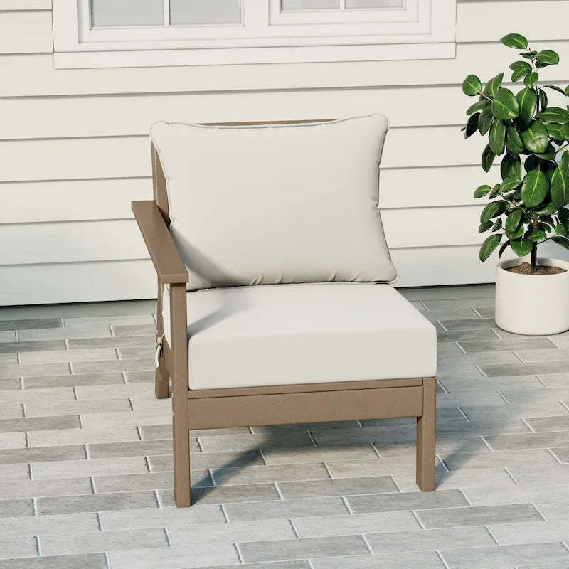 Polytrends Birchwood All Weather HDPE Outdoor Patio Deep Seating Weathered Wood Left Arm Facing Chair With Cushions (2-PC-Set)