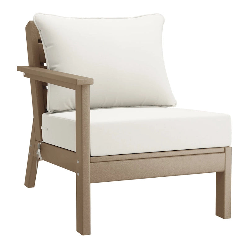 Polytrends Birchwood All Weather HDPE Outdoor Patio Deep Seating Weathered Wood Left Arm Facing Chair With Cushions (2-PC-Set)