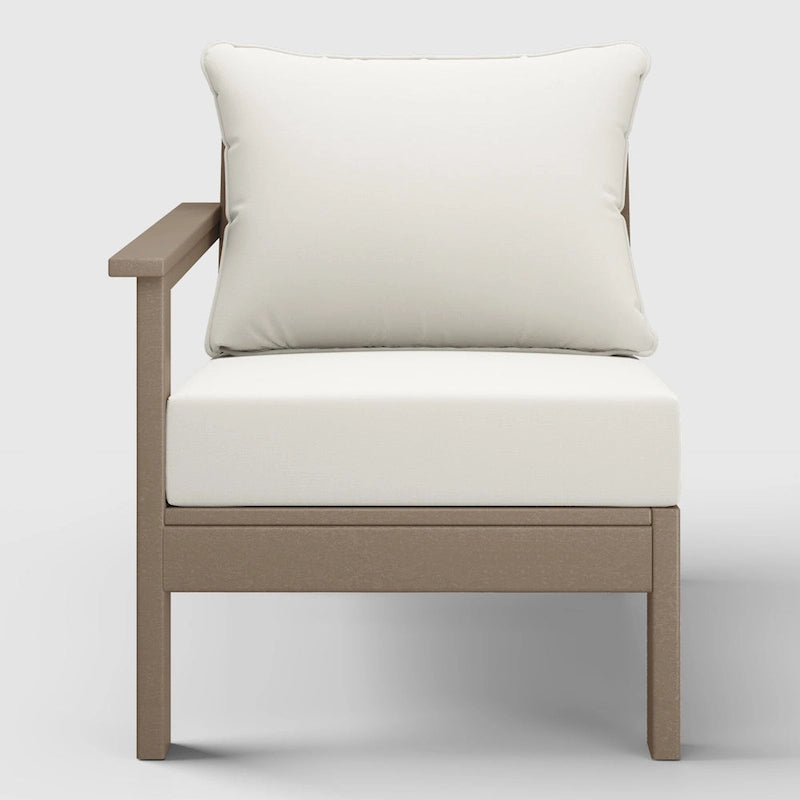 Polytrends Birchwood All Weather HDPE Outdoor Patio Deep Seating Weathered Wood Left Arm Facing Chair With Cushions (2-PC-Set)