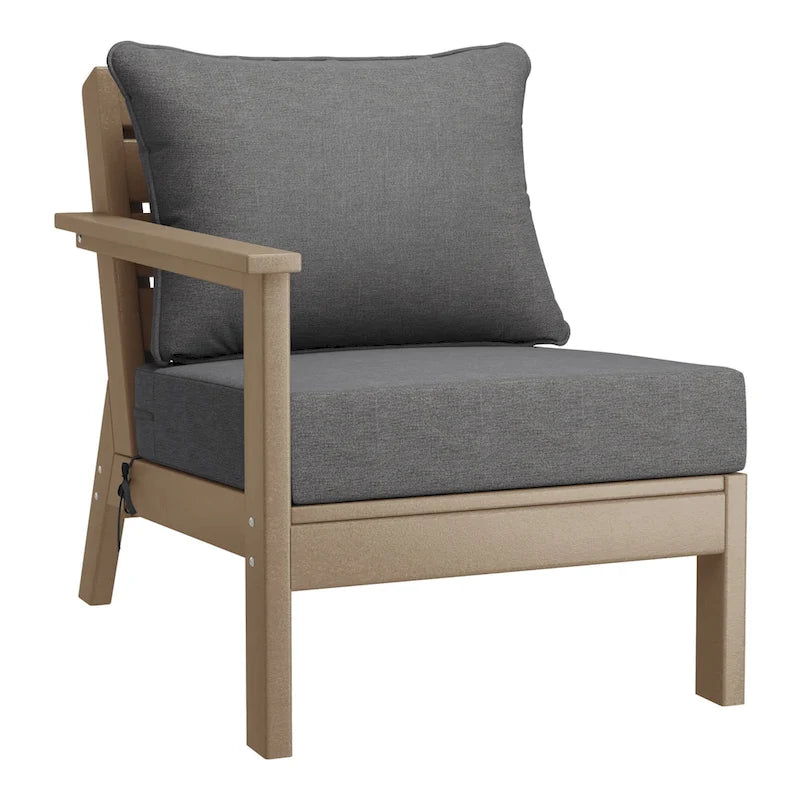 Polytrends Birchwood All Weather HDPE Outdoor Patio Deep Seating Weathered Wood Left Arm Facing Chair With Cushions (2-PC-Set)