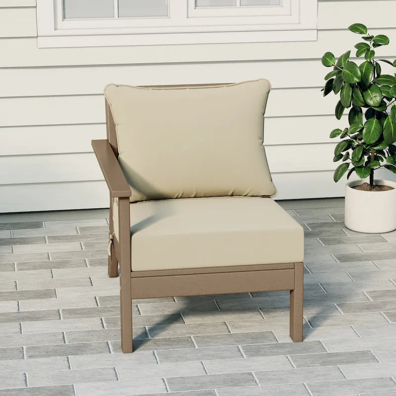 Polytrends Birchwood All Weather HDPE Outdoor Patio Deep Seating Weathered Wood Left Arm Facing Chair With Cushions (2-PC-Set)