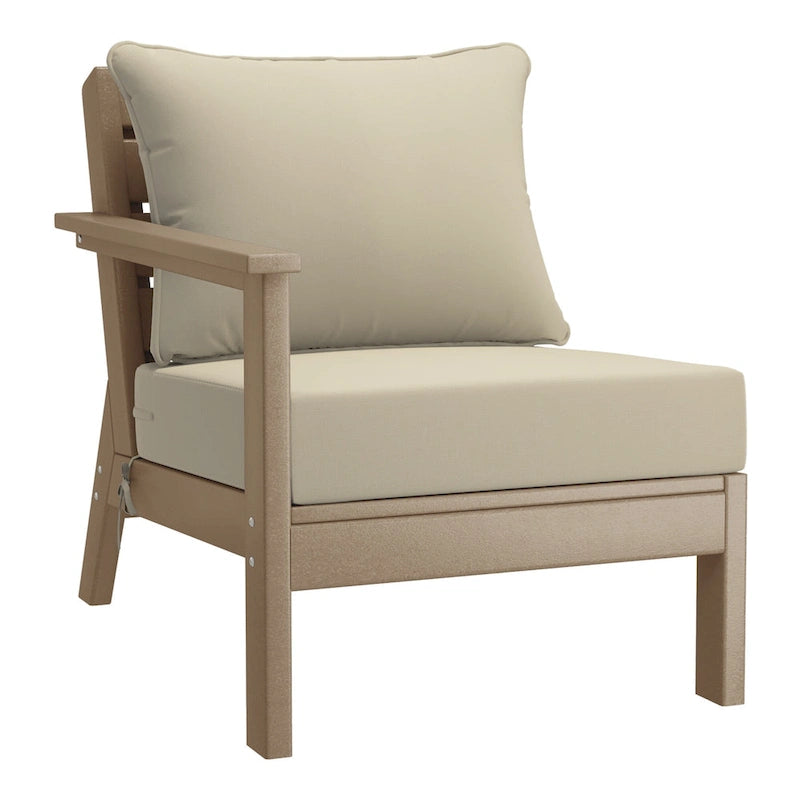 Polytrends Birchwood All Weather HDPE Outdoor Patio Deep Seating Weathered Wood Left Arm Facing Chair With Cushions (2-PC-Set)