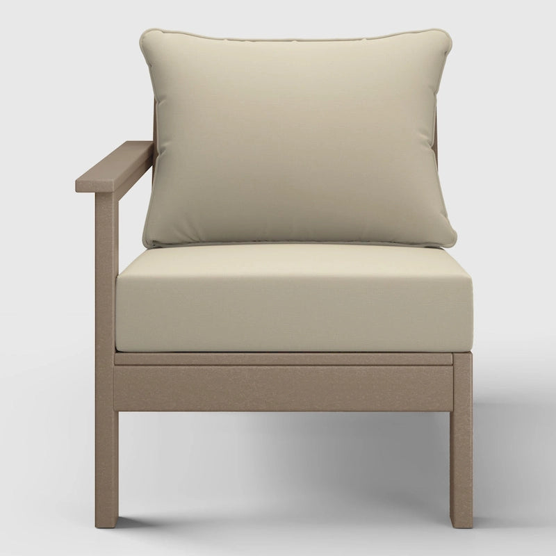 Polytrends Birchwood All Weather HDPE Outdoor Patio Deep Seating Weathered Wood Left Arm Facing Chair With Cushions (2-PC-Set)
