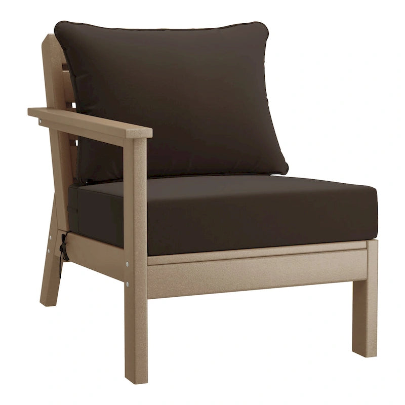 Polytrends Birchwood All Weather HDPE Outdoor Patio Deep Seating Weathered Wood Left Arm Facing Chair With Cushions (2-PC-Set)
