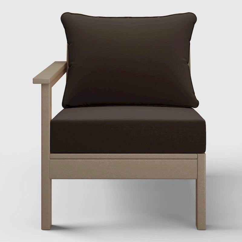 Polytrends Birchwood All Weather HDPE Outdoor Patio Deep Seating Weathered Wood Left Arm Facing Chair With Cushions (2-PC-Set)