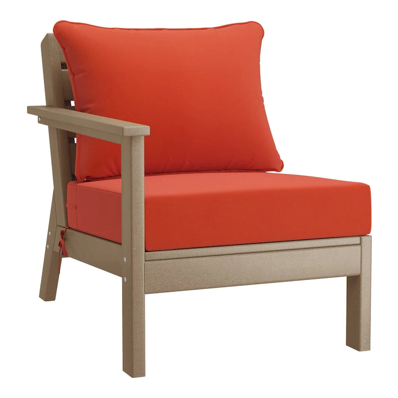 Polytrends Birchwood All Weather HDPE Outdoor Patio Deep Seating Weathered Wood Left Arm Facing Chair With Cushions (2-PC-Set)