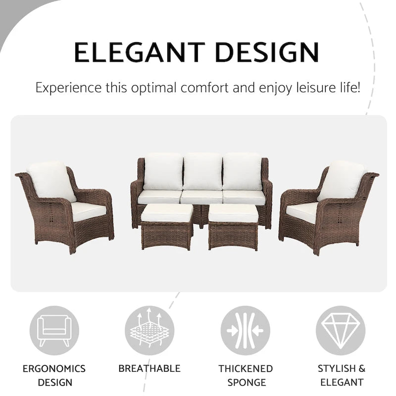 5 Piece Rattan Outdoor Sectional Conversation Set with 3 Seat Couch 2 Chairs and Ottomans for Patio or Balcony