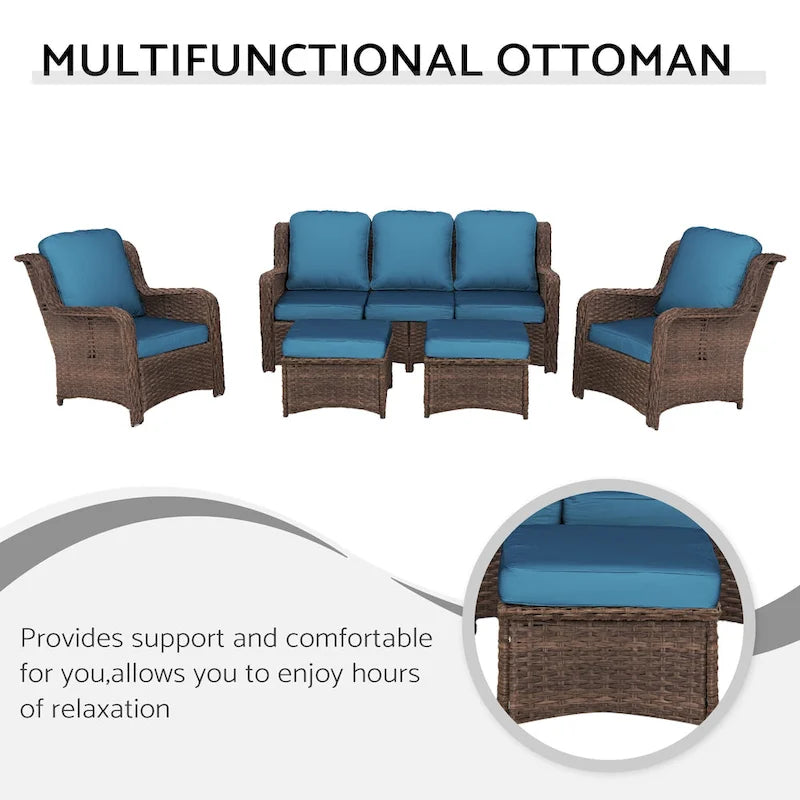 5 Piece Rattan Outdoor Sectional Conversation Set with 3 Seat Couch 2 Chairs and Ottomans for Patio or Balcony