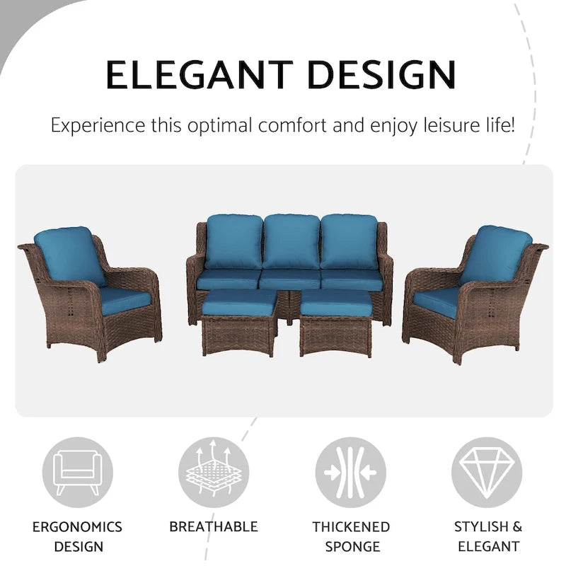 5 Piece Rattan Outdoor Sectional Conversation Set with 3 Seat Couch 2 Chairs and Ottomans for Patio or Balcony