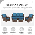 5 Piece Rattan Outdoor Sectional Conversation Set with 3 Seat Couch 2 Chairs and Ottomans for Patio or Balcony