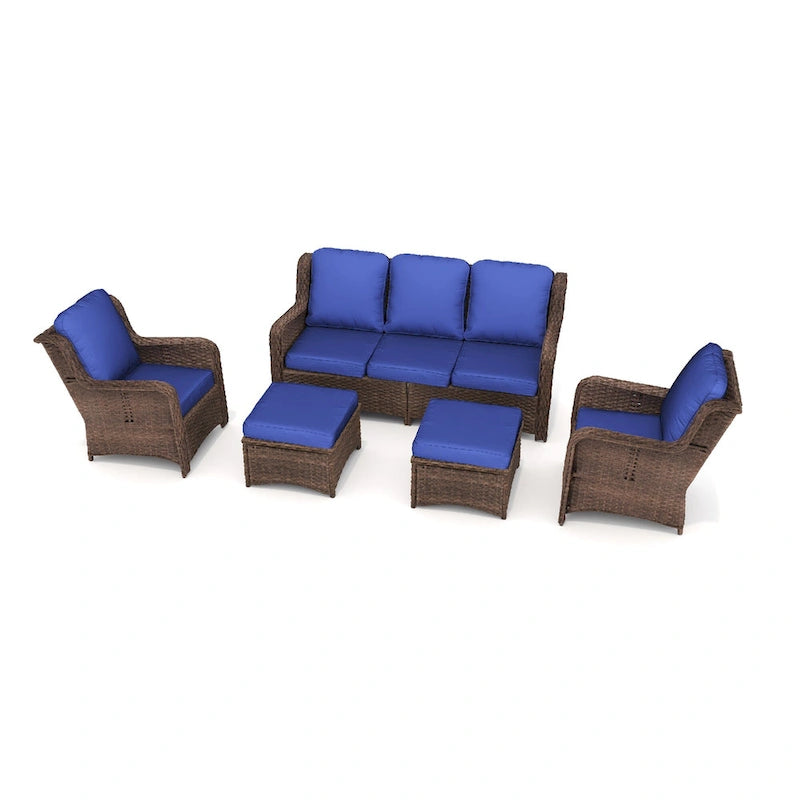 5 Piece Rattan Outdoor Sectional Conversation Set with 3 Seat Couch 2 Chairs and Ottomans for Patio or Balcony