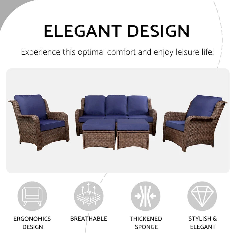 5 Piece Rattan Outdoor Sectional Conversation Set with 3 Seat Couch 2 Chairs and Ottomans for Patio or Balcony