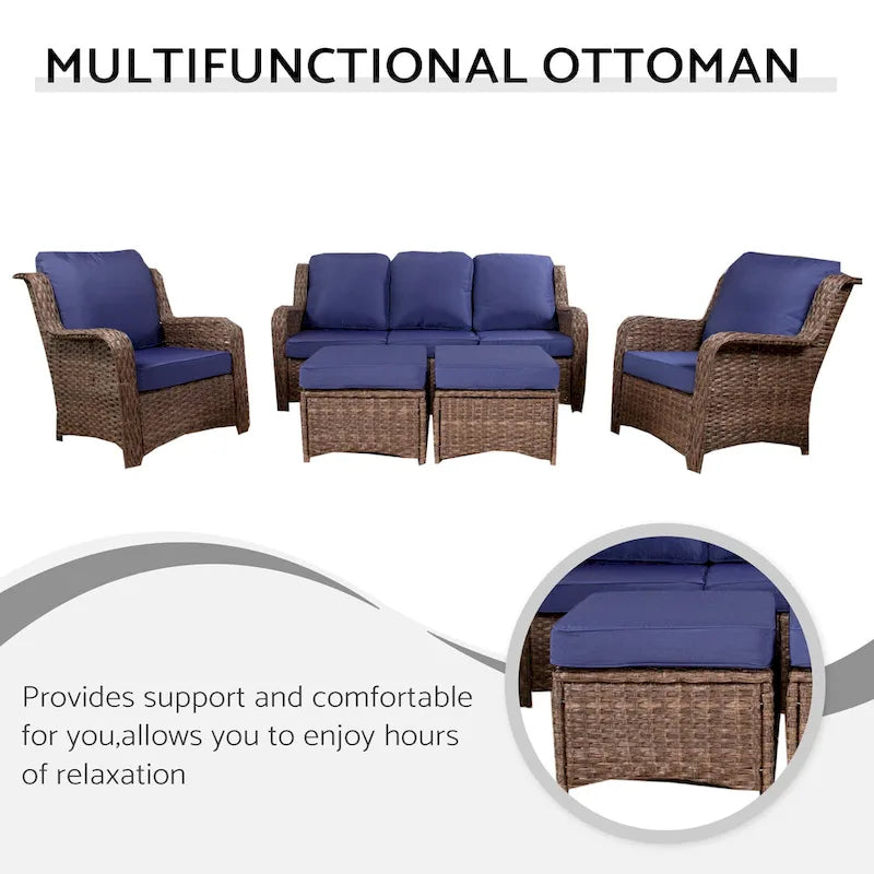 5 Piece Rattan Outdoor Sectional Conversation Set with 3 Seat Couch 2 Chairs and Ottomans for Patio or Balcony