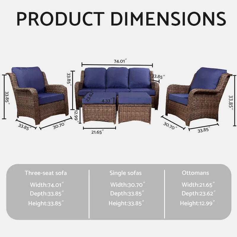 5 Piece Rattan Outdoor Sectional Conversation Set with 3 Seat Couch 2 Chairs and Ottomans for Patio or Balcony