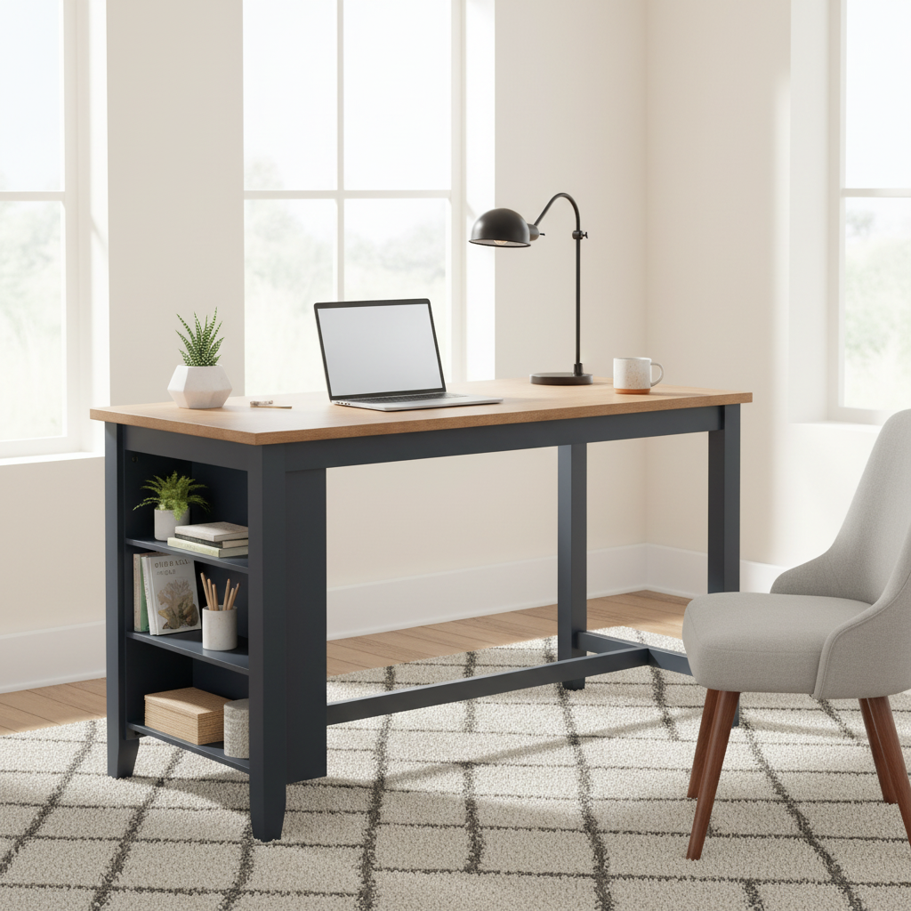 60" Counter Height Dining Table with Shelves – Dark Blue & Brown, Mango Wood, Seats 4