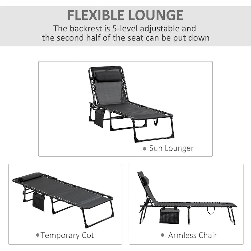 Reclining Chaise Lounge Chair, Portable Sun Lounger, Folding Camping Cot, With Adjustable Backrest And Removable Pillow