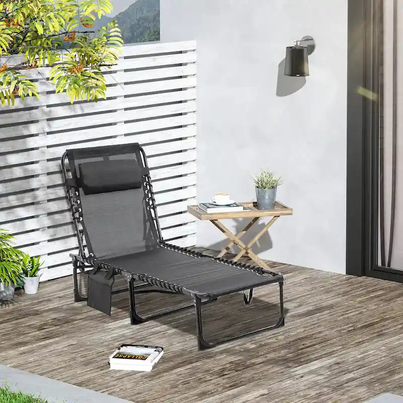 Reclining Chaise Lounge Chair, Portable Sun Lounger, Folding Camping Cot, With Adjustable Backrest And Removable Pillow