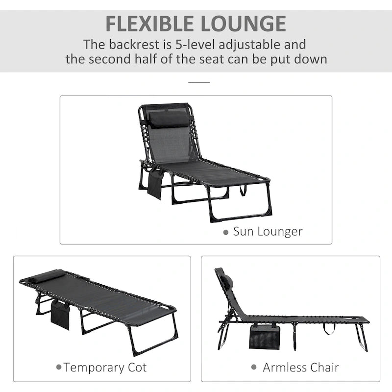 Reclining Chaise Lounge Chair, Portable Sun Lounger, Folding Camping Cot, With Adjustable Backrest And Removable Pillow