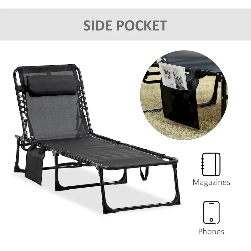 Reclining Chaise Lounge Chair, Portable Sun Lounger, Folding Camping Cot, With Adjustable Backrest And Removable Pillow
