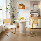 Mid-Century Modern Rattan Chairs, Upholstered Fleece Seat Armless Chairs with Rattan Backrest & Metal Legs, Set of 2, Cream