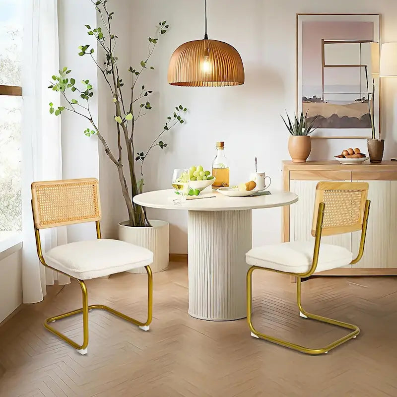 Mid-Century Modern Rattan Chairs, Upholstered Fleece Seat Armless Chairs with Rattan Backrest & Metal Legs, Set of 2, Cream