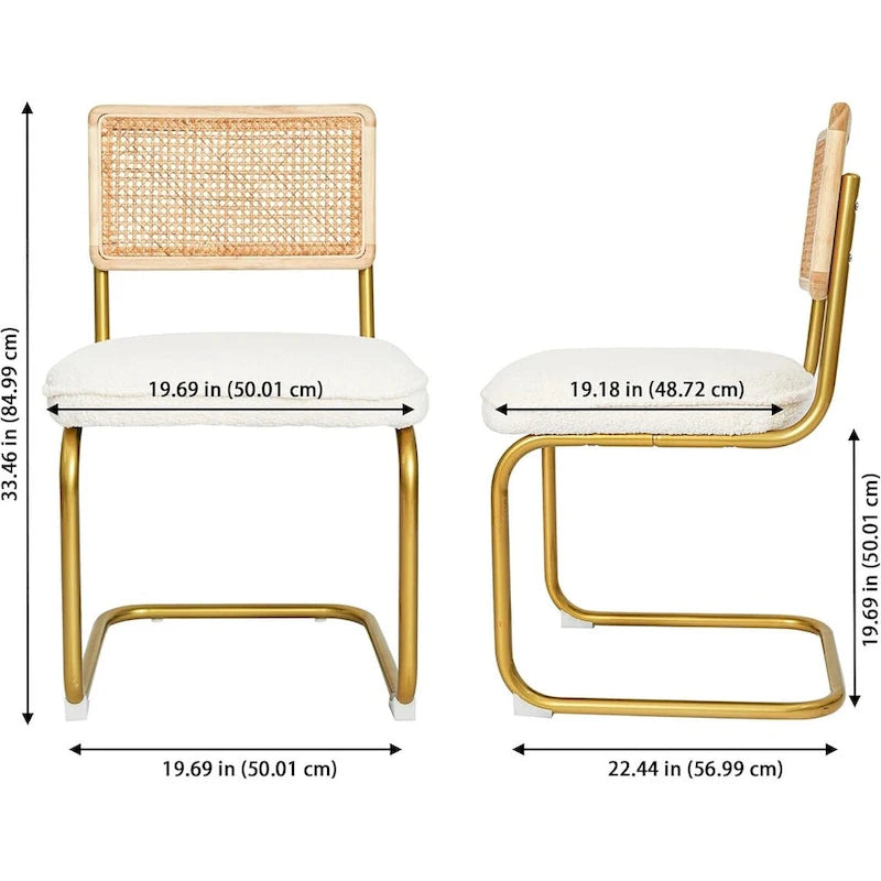 Mid-Century Modern Rattan Chairs, Upholstered Fleece Seat Armless Chairs with Rattan Backrest & Metal Legs, Set of 2, Cream