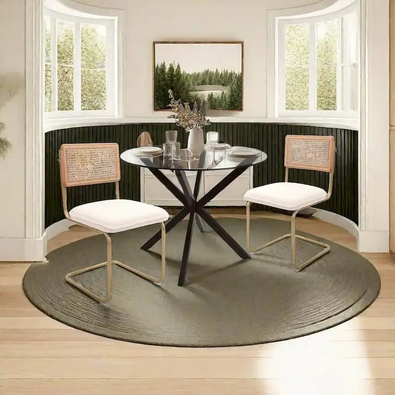 Mid-Century Modern Rattan Chairs, Upholstered Fleece Seat Armless Chairs with Rattan Backrest & Metal Legs, Set of 2, Cream