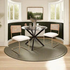 Mid-Century Modern Rattan Chairs, Upholstered Fleece Seat Armless Chairs with Rattan Backrest & Metal Legs, Set of 2, Cream