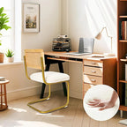 Mid-Century Modern Rattan Chairs, Upholstered Fleece Seat Armless Chairs with Rattan Backrest & Metal Legs, Set of 2, Cream