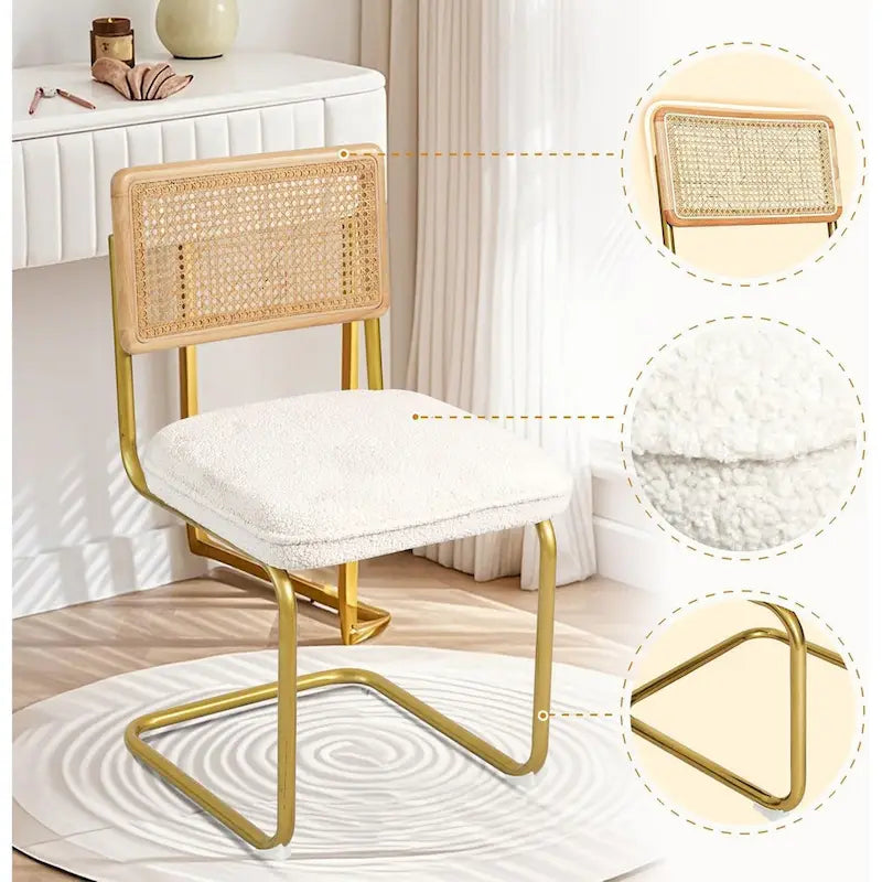 Mid-Century Modern Rattan Chairs, Upholstered Fleece Seat Armless Chairs with Rattan Backrest & Metal Legs, Set of 2, Cream