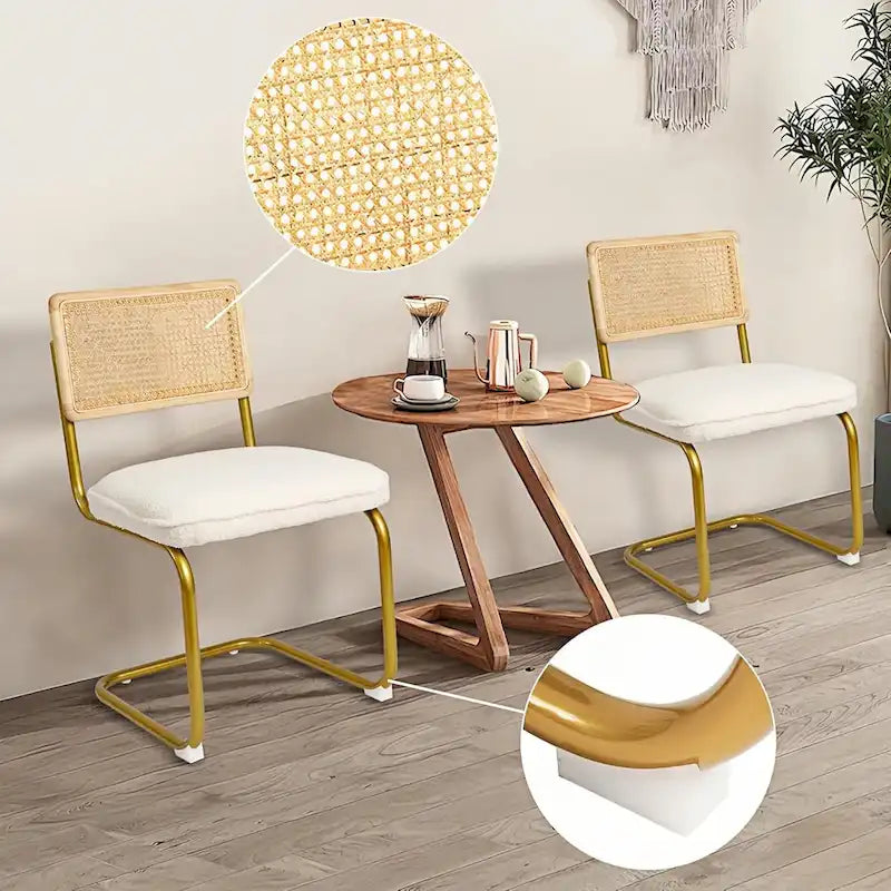 Mid-Century Modern Rattan Chairs, Upholstered Fleece Seat Armless Chairs with Rattan Backrest & Metal Legs, Set of 2, Cream