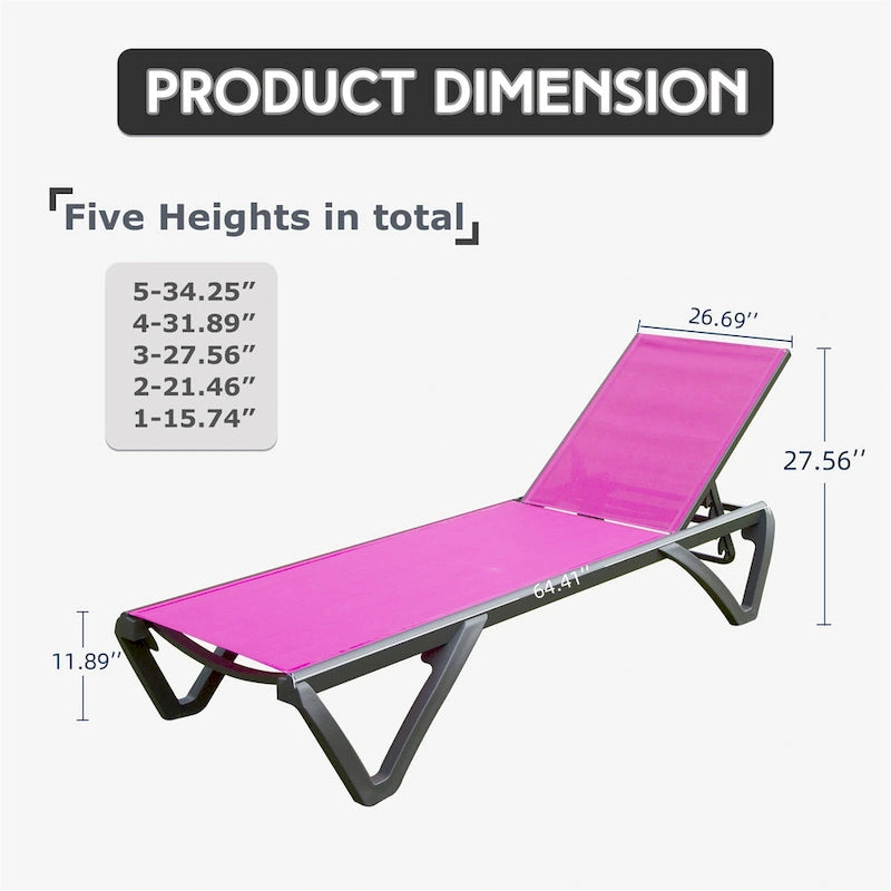 Outdoor Lounge Chair, 2 Pieces Aluminum Plastic Patio Chaise Lounge With 5 Position Adjustable Backrest And Wheels
