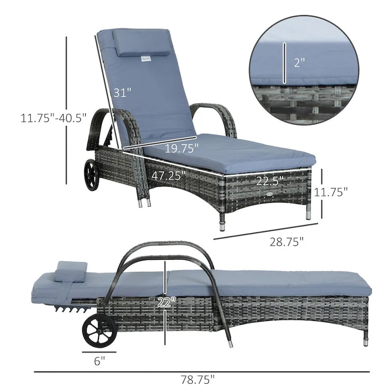Outsunny Wicker Outdoor Chaise Lounge, 5-Level Adjustable Backrest Pe Rattan Pool Lounge Chair With Wheels, Cushion & Headrest