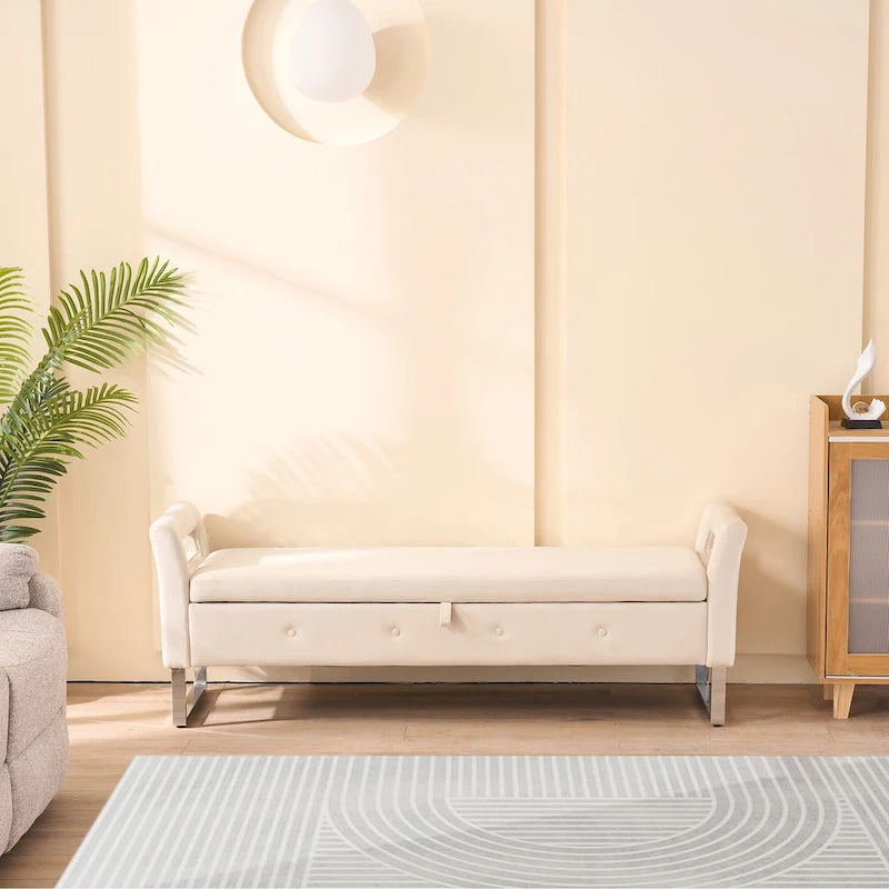 Corduroy Storage Bench with Armrests – Beige / Navy, Wood Legs, Single User