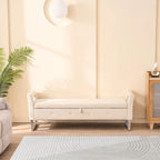 Corduroy Storage Bench with Armrests – Beige / Navy, Wood Legs, Single User