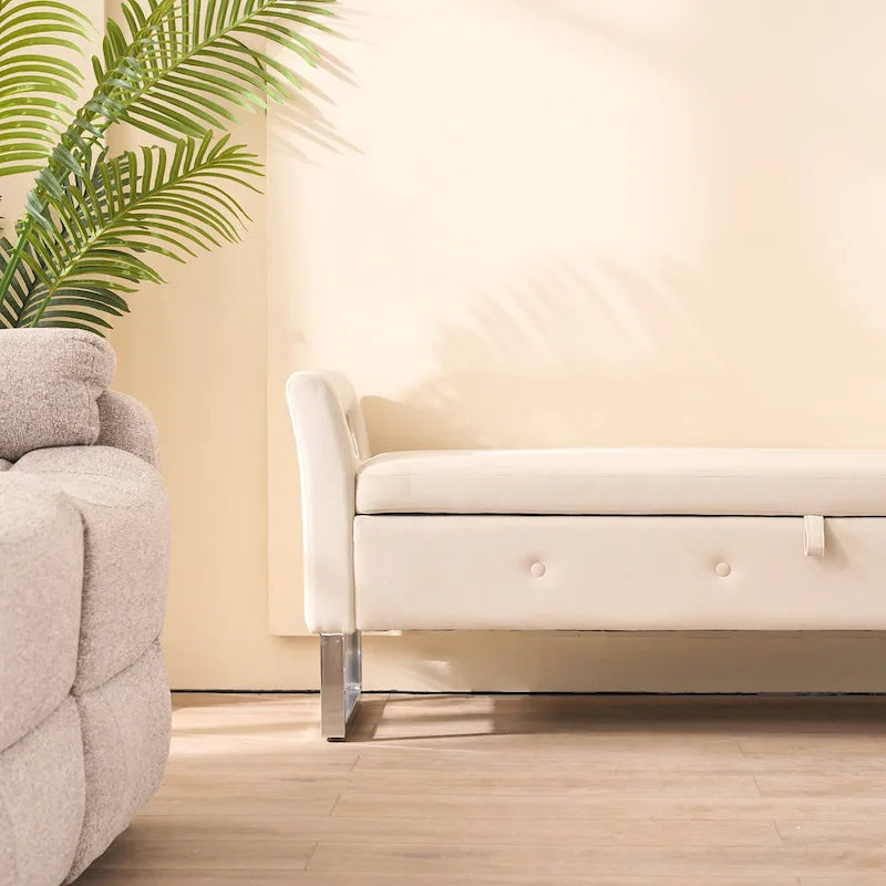 Corduroy Storage Bench with Armrests – Beige / Navy, Wood Legs, Single User