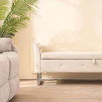 Corduroy Storage Bench with Armrests – Beige / Navy, Wood Legs, Single User
