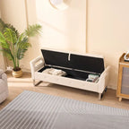 Corduroy Storage Bench with Armrests – Beige / Navy, Wood Legs, Single User
