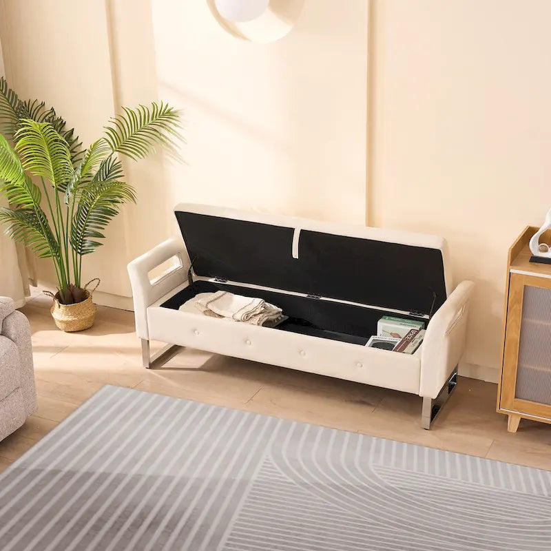 Corduroy Storage Bench with Armrests – Beige / Navy, Wood Legs, Single User